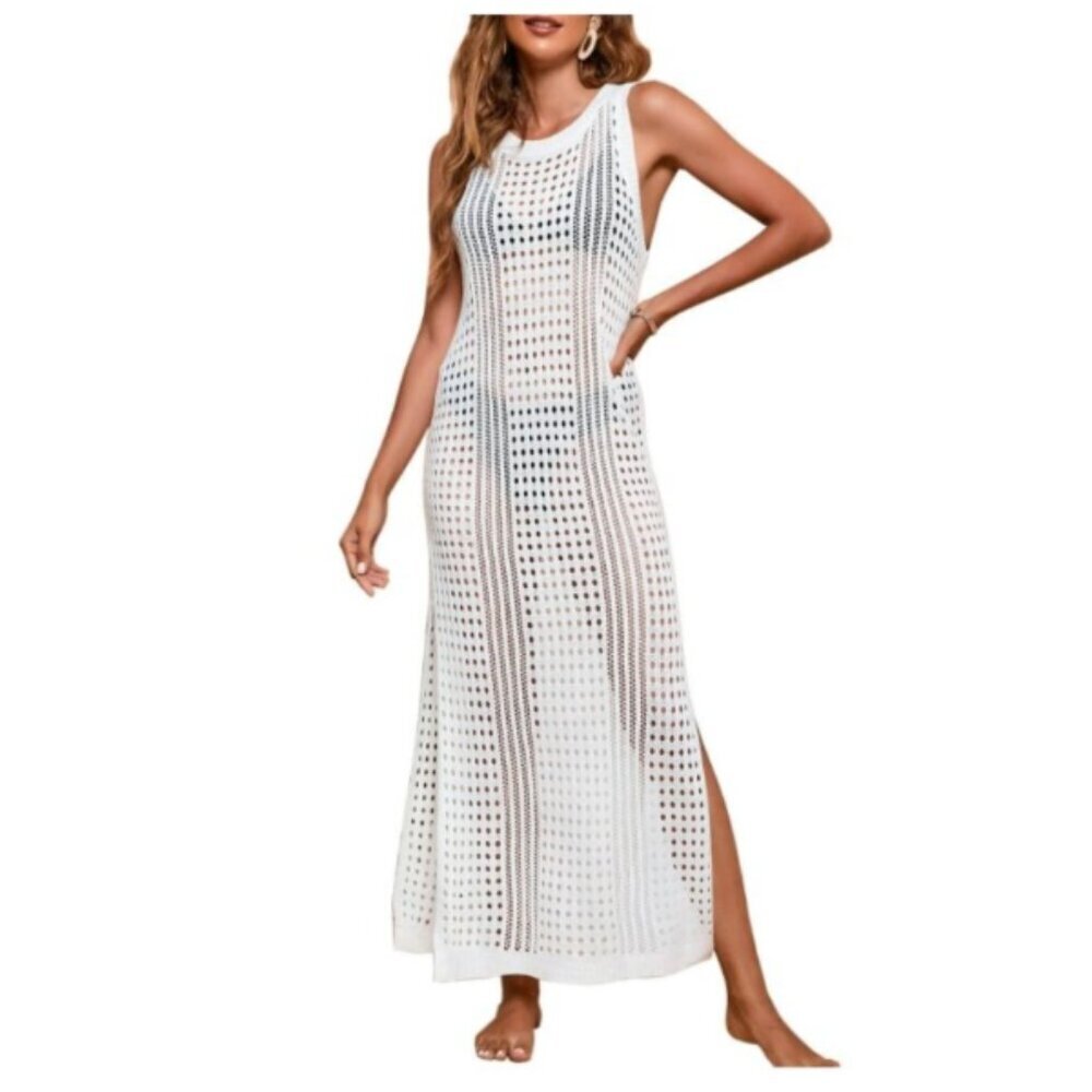 Boutique White Crochet Maxi Swim Coverup M